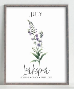Birth Month Flower Art Print July, Larkspur Floral Wall Art Decor, Home Decor - Picture 1 of 2