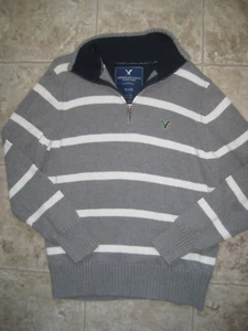 American Eagle 1/4 Zip Sweater Cotton Gray White Striped Mens XL - Picture 1 of 9