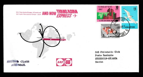 Singapore First Flight Cover to Stockholm Sweden SAS Trans Asian Express 1967 Cover