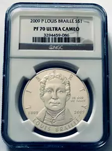 2009 P Louis Braille $1 Silver Dollar NGC PF 70 Ultra Cameo - Picture 1 of 2
