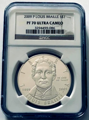 2009 P Louis Braille $1 Silver Dollar NGC PF 70 Ultra Cameo - Image 1 of 2