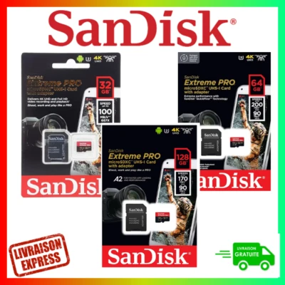 Micro SD 32GB 64GB 128GB – SanDisk Extreme Pro / Ultra – Pour Téléphones & Camér - Image 1 of 4