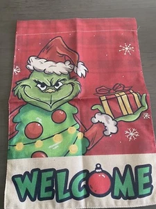 CHRISTMAS GARDEN FLAG "WELCOME THE GRINCH" HOLIDAY DECOR LINEN 12"X18" - Picture 1 of 1