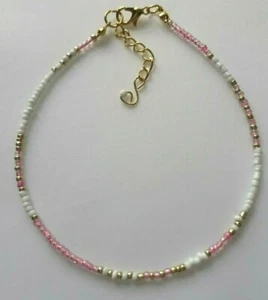 Pink, White, Gold glass seed bead anklet ankle bracelet or necklace plus size - Picture 1 of 1