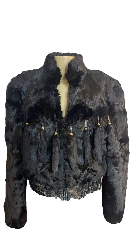 Vintage 80s Black Rabbit Fur & Leather Cropped Coat W/ Rabbit Tails - Image 1 of 4