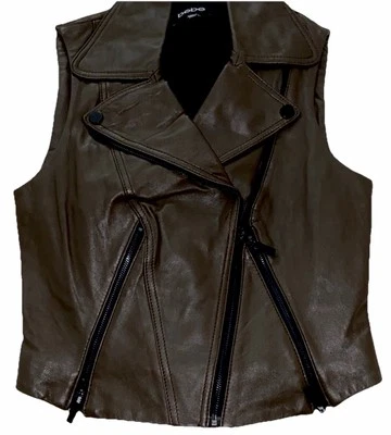 Bebe Mujer’s Talla Pequeña Marrón Cuero Moto Chaleco Asimétrico Cremallera Años 90’s Y2K Foto 1 de 4