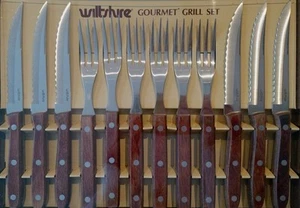 Vintage Wiltshire Gourmet Grill Set Steak Knives/Forks Stainless/Timber Look FP - Picture 1 of 10