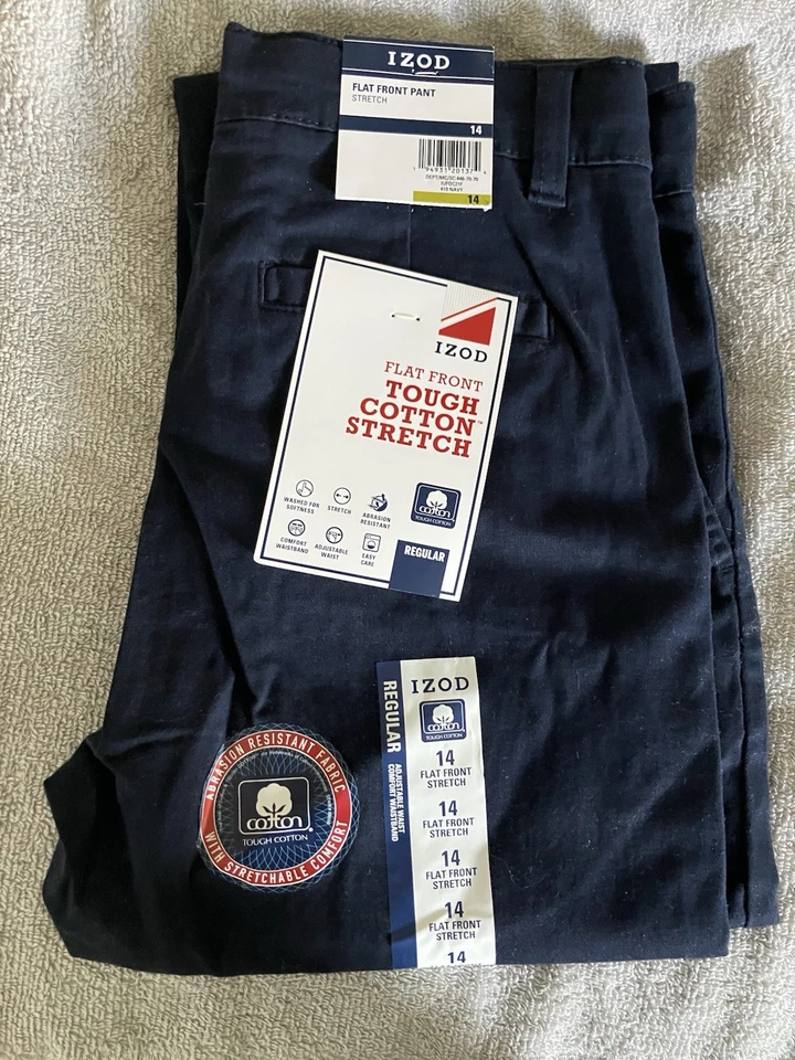 Izod Pants Boys 14 Navy Flat Front Stretch Straight Leg Pants Boys 14 NEW - Image 1 of 1