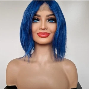 100% Human hair blue short bob wig lace front hair wig dark blue - Picture 1 of 4