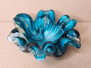 Vintage Art Glass Ashtray Bowl Sky Blue & White Hand Blown Mid Century Modern - Picture 1 of 9