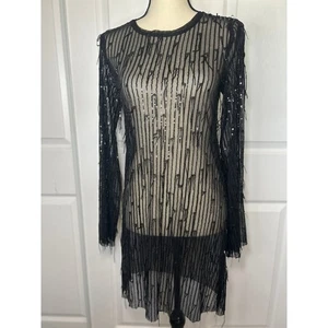 Vestido Ontwelfth Negro Lentejuelas Flecos Malla Transparente Manga Larga Fiesta Cóctel - Imagen 1 de 4