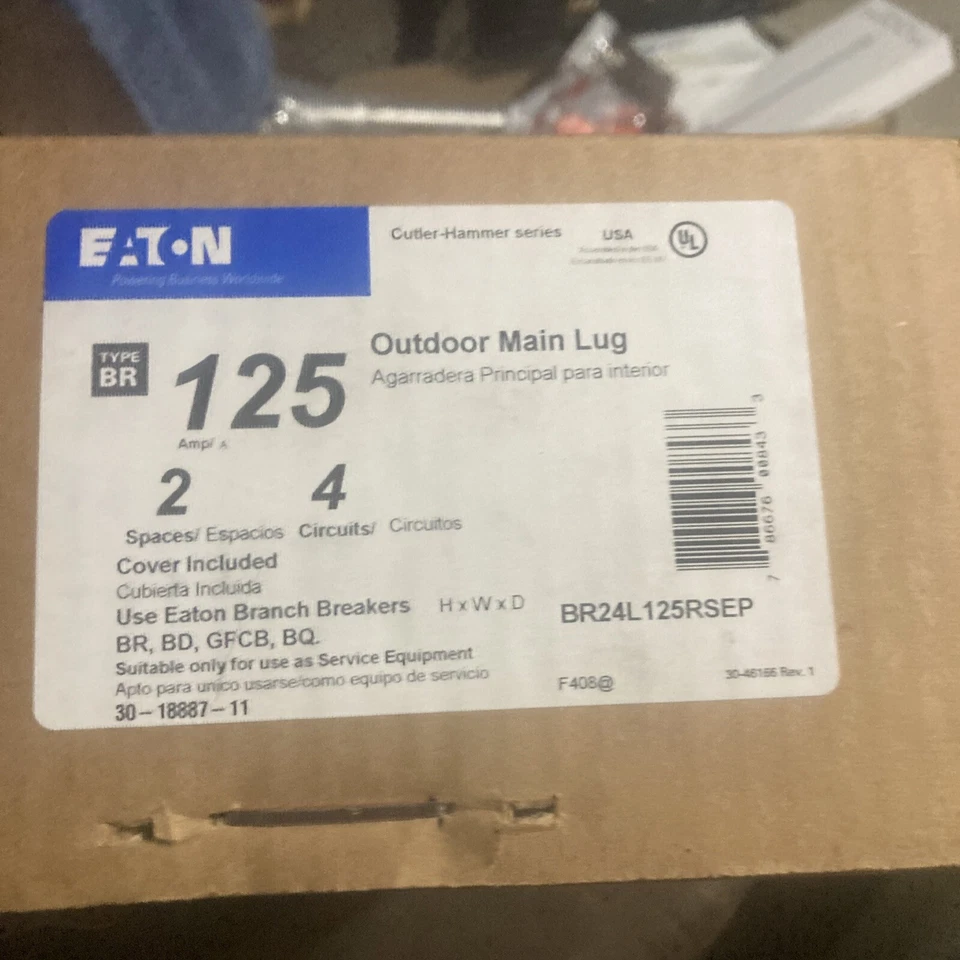 Nuevo Eaton BR24L125RSEP centro de carga de orejetas principales para exteriores 125 amperios 2 espacios 3R exteriores Foto 1 de 4