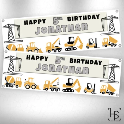 Construction Trucks D1 Personalised Banner 120GSM Party Birthday Boys Girls - Image 1 of 2