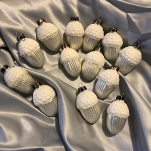 13 Mercury Glass Acorn Ornaments White Snow Christmas Winter Set Lot - Picture 1 of 5