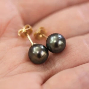 Natural Black Pearl Gemstone Womens Stud Earrings in 14k gold finish Silver - Picture 1 of 4