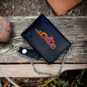 Men Embroidered Fire Biker Real Leather Black Trifold Chain Hand Made Wallet UK - Picture 1 of 7