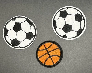 MR ALE - x3 Patches 2 Soccer Balls + Basketball Embroidered Iron/Sew-On P291 - Picture 1 of 3