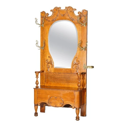 Antique RJ Horner Golden Oak Hall Seat with Horse Shoe Form Mirror circa 1900 Cover