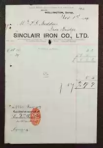 1909 Sinclair Iron, Ketley, Wellington, Shropshire Invoice - Beddoes, Ironbridge - Picture 1 of 1