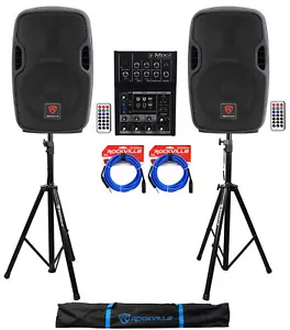 (2) Rockville BPA8 300 Watt 8" Powered Speakers+Mackie Mixer+Stands+Cables+Bag - Picture 1 of 12