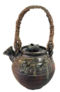 VINTAGE JAPANESE XL SHIGARAKI EARTHENWARE POTTERY DRIP GLAZE TEAPOT TWIG HANDLE - Picture 1 of 1