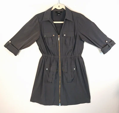 ALFANI Zip Up Shirt Dress Military Safari Parka Olive Green Roll Tab Sleeve Sz 6 - Image 1 of 4