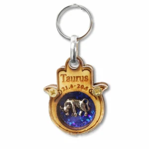 Wooden Good Luck Hamsa Key Chain Keychain Zodiac Sign - Taurus - Made in Israel - Picture 1 of 1
