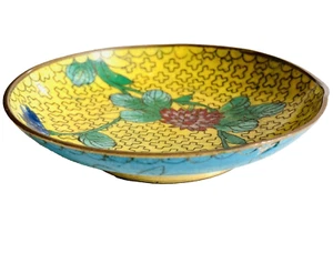 1800s Antique Cloisonné Chrysanthemum Flowers Geometric Art Yellow Blue 4" Dish - Picture 1 of 7