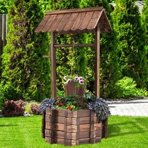 Rustic Wooden Wishing Well Planter Bucket Flower Plants Patio Garden Yard Decor - Picture 1 of 12