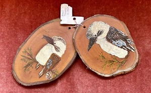 2 Vintage Wooden Hand Painted Kookaburras On Apple Wood - Australian Wood Art. - Picture 1 of 4