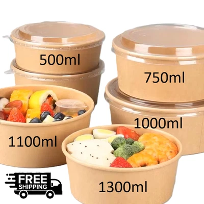 Disposable Kraft Paper Salad Bowl PP/PET Lid, Round Takeaway Hot Food/Salad/Deli - Image 1 of 4