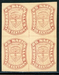 COLOMBIA MH Selections: Scott #67R 1c Brown Red Arms REPRINT BLOCK of 4 $$ - Picture 1 of 1