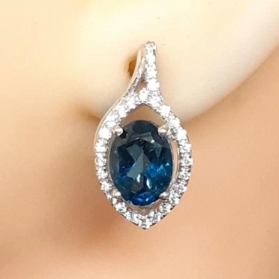 世界级 2.71 克拉伦敦蓝色黄玉和白色蓝宝石 925 银耳环 — 第 1/4 张图片