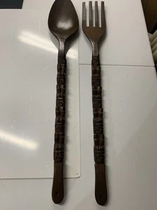 Vintage 41” Carved Large Wood Fork & Spoon Kitchen Wall Decor Tiki Totem Bin B - Picture 1 of 5