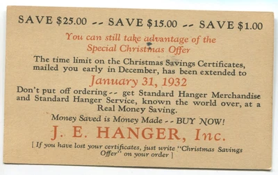 1932 J.E. Hanger Advertising Postal Card New York NY Christmas Offer - Image 1 of 2