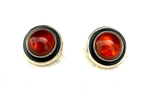 N.E. From, Denmark, Sterling Silver & Amber Round Clip On Cabochon Earrings - Picture 1 of 3