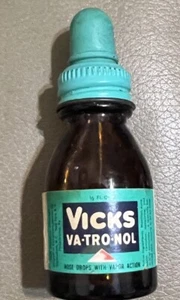 Vintage Miniature,  3” ￼Vicks Va-Tro-Nol Glass Bottle Empty W DROPPER 1/2 fl. oz - Picture 1 of 5