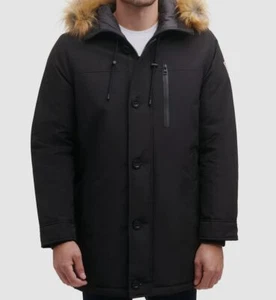 $325 Guess Men's Black Front-Zip Logo Faux Fur Hooded Parka Coat Jacket Size S - Picture 1 of 3