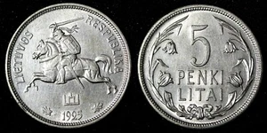 Lithuania Silver 1925 5 Litai  One Year Type. aUNC KM# 78 (27 843) - Picture 1 of 3