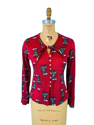 Vintage 70s Novelty Top Womens Small Printed Windmill Maroon Keyhole Blouse - Image 1 of 4