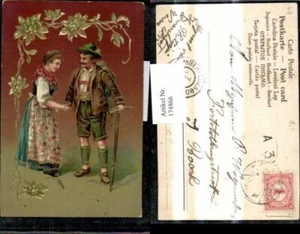174866,Präge Litho Paar Trachten Bergsteiger Ornament Goldverzierung Edelweiss  - Picture 1 of 1