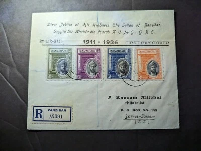 1936 Registrado Correo Aéreo Británico Zanzíbar Primer Día Cubierta FDC a Dar Es Salaam Foto 1 de 2