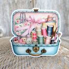 Sewing Box Sticker Green Travel Train Case Vintage Pink Flowers Quilters Thread