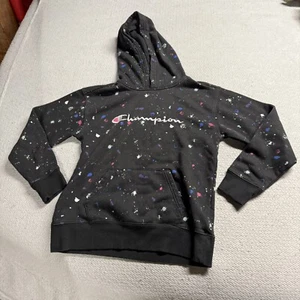 Champion Kids' Black Paint splattered Hoodie Cotton Blend Size large pockets EUC - Picture 1 of 6
