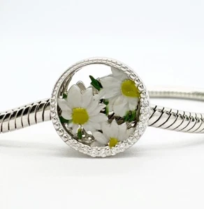 Daisy Flower Round Charm Bead Floral Genuine 925 Sterling Silver π - Picture 1 of 4