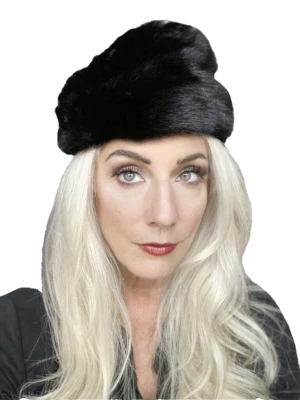 Chapéu de pele de vison RETRO Jet PRETO azul vintage feito sob medida cabeça M feminino década de 1960 21,5" - Imagem 1 de 4