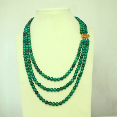 3 ряда натуральный 6/8/10 мм зеленый хризоколла круглый драгоценный камень бисер ожерелье 17-19'' - Изображение 1 из 3