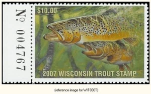 Estampilla de trucha D2K Wisconsin 2007 $10,00 con pestaña - Imagen 1 de 1