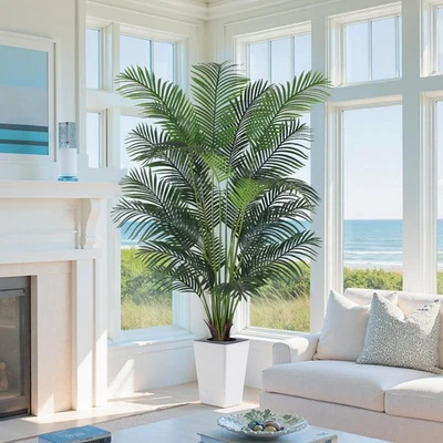 Artificial Palm Tree with White Tall Planter, 7ft Tall Potted Artificial Silk... - Image 1 of 4