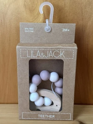 Lila & Jack Baby 3M+ Teether Toy Pink/White Food Grade Silicone/Wood BPAFree NEW - Image 1 of 2